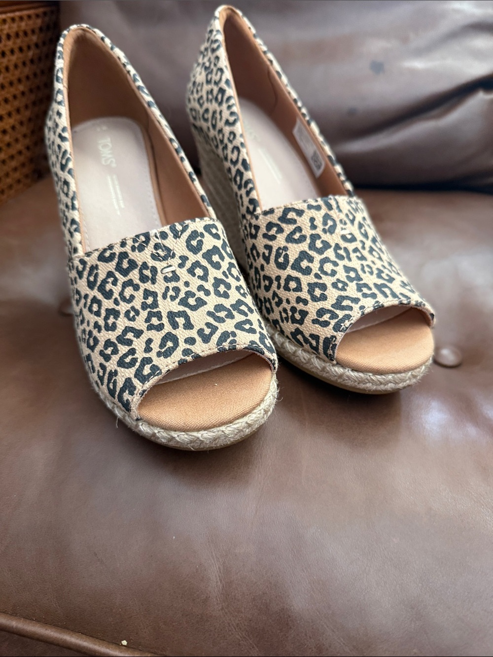 Toms Leopard Print Wedge Espadrilles in Tan and Black